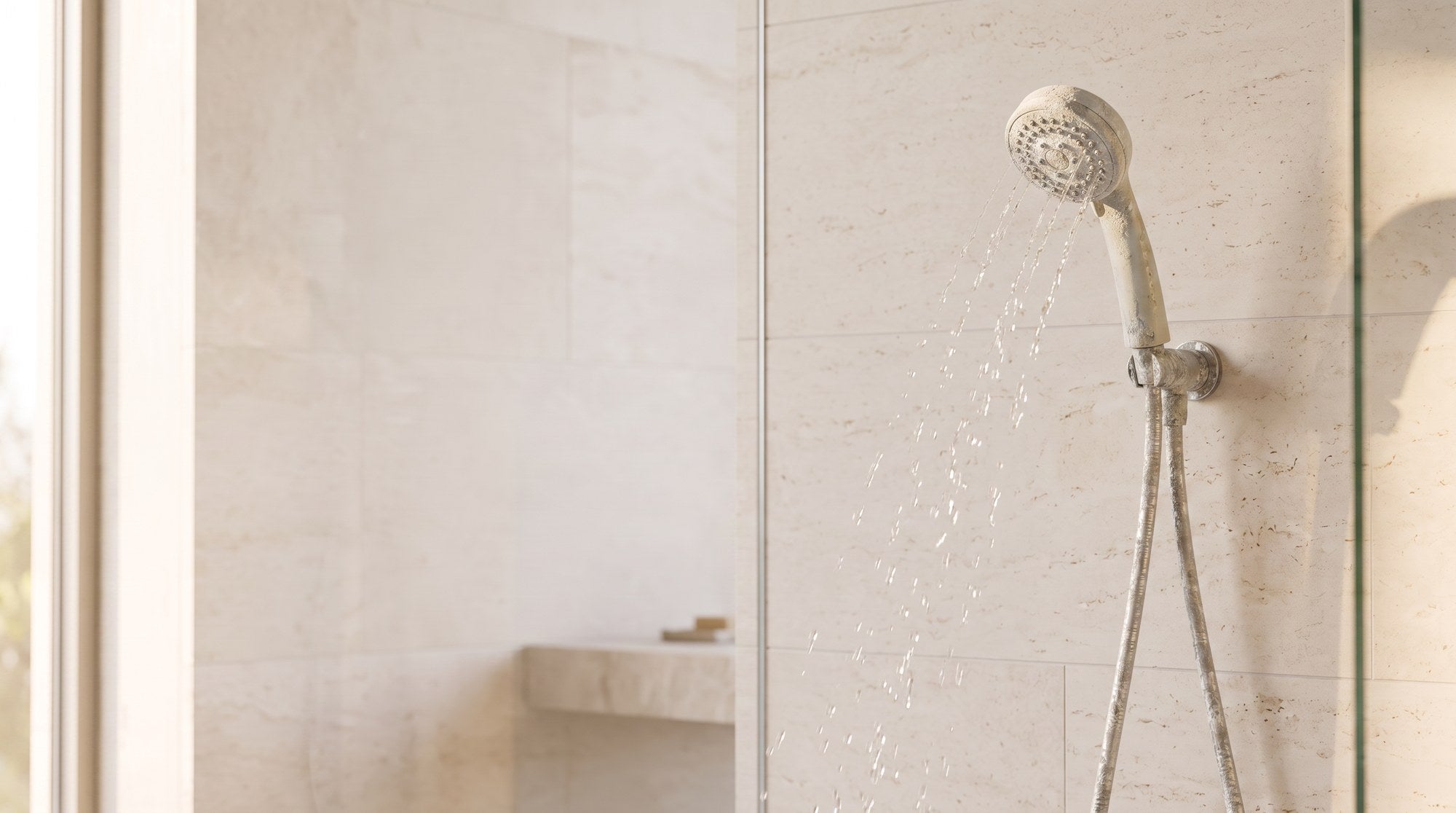 An old limescale-covered shower head